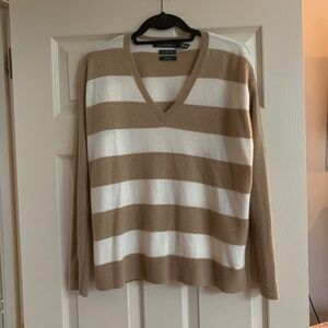 Lauren Ralph Lauren Exclusive Camel/Cream Stripe V-neck Cashmere Sweater sz S
